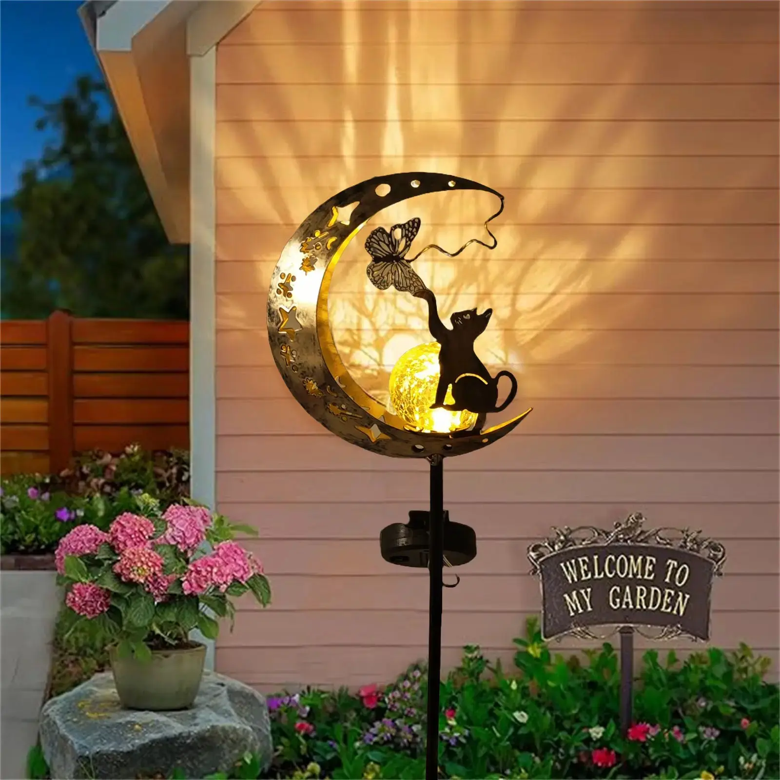 Solar Moon Cat and Butterfly Garden Post Light, Outdoor Decor for Sidewalks, Courtyards, Lawns, Patios, Ideal Garden Decoration
