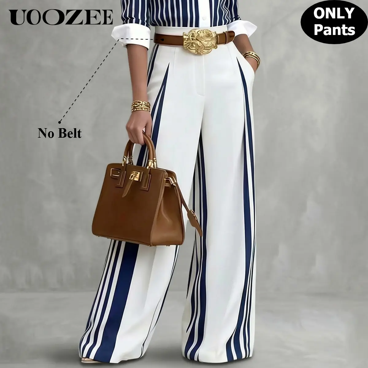 UOOZEE Women's High Waist Side Stripe No Belt Wide Leg Pants(Only), 100% Polyester Pleated Loose Trousers with Pockets, Elastic Back Waist, Size Up for Full Waist, Business Casual Outfit, Office & Vacation Wear Bottom Only