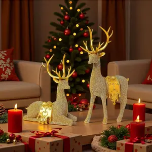 Christmas Reindeer Figurines Set, Elegant Resin Craft Deer Statues Decorations for Christmas Thanksgiving New Year & Halloween Home Studio Living Room