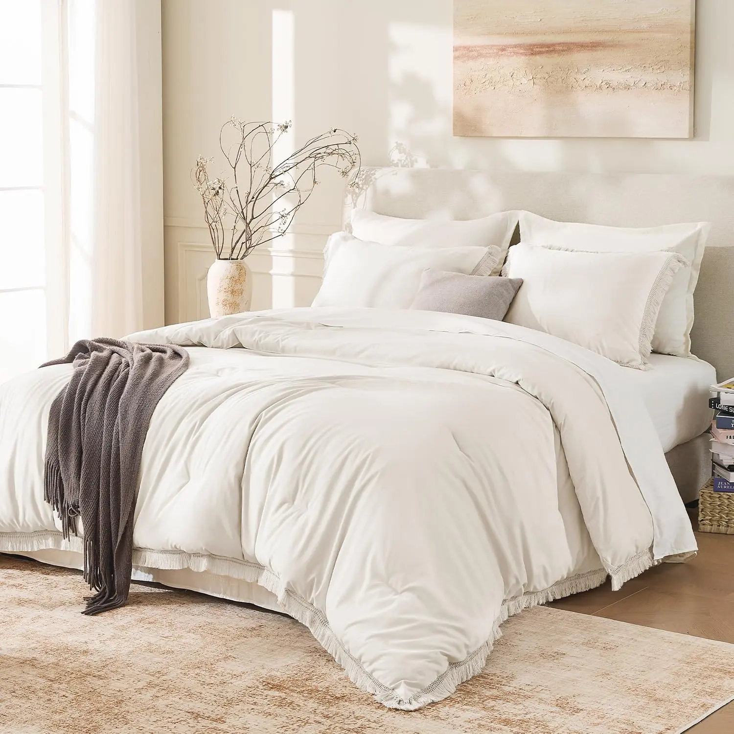King Size Comforter Set Beige, 3 Pieces Boho Lightweight Tassel Bedding Comforters & Sets, Soft All Season Bed Set (104x90In Comforter & 2 Pillowcases)