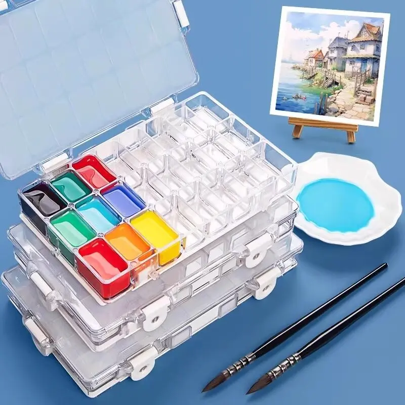 Airtight Paint Storage Container for Art Class, 24-Well Moisturizing Pigment Box with Secure Snap Buckles, Leak-Proof Watercolor Gouache Paint Palette Case, Art Supplies Gift for Students Beginners, Painting Supplies
