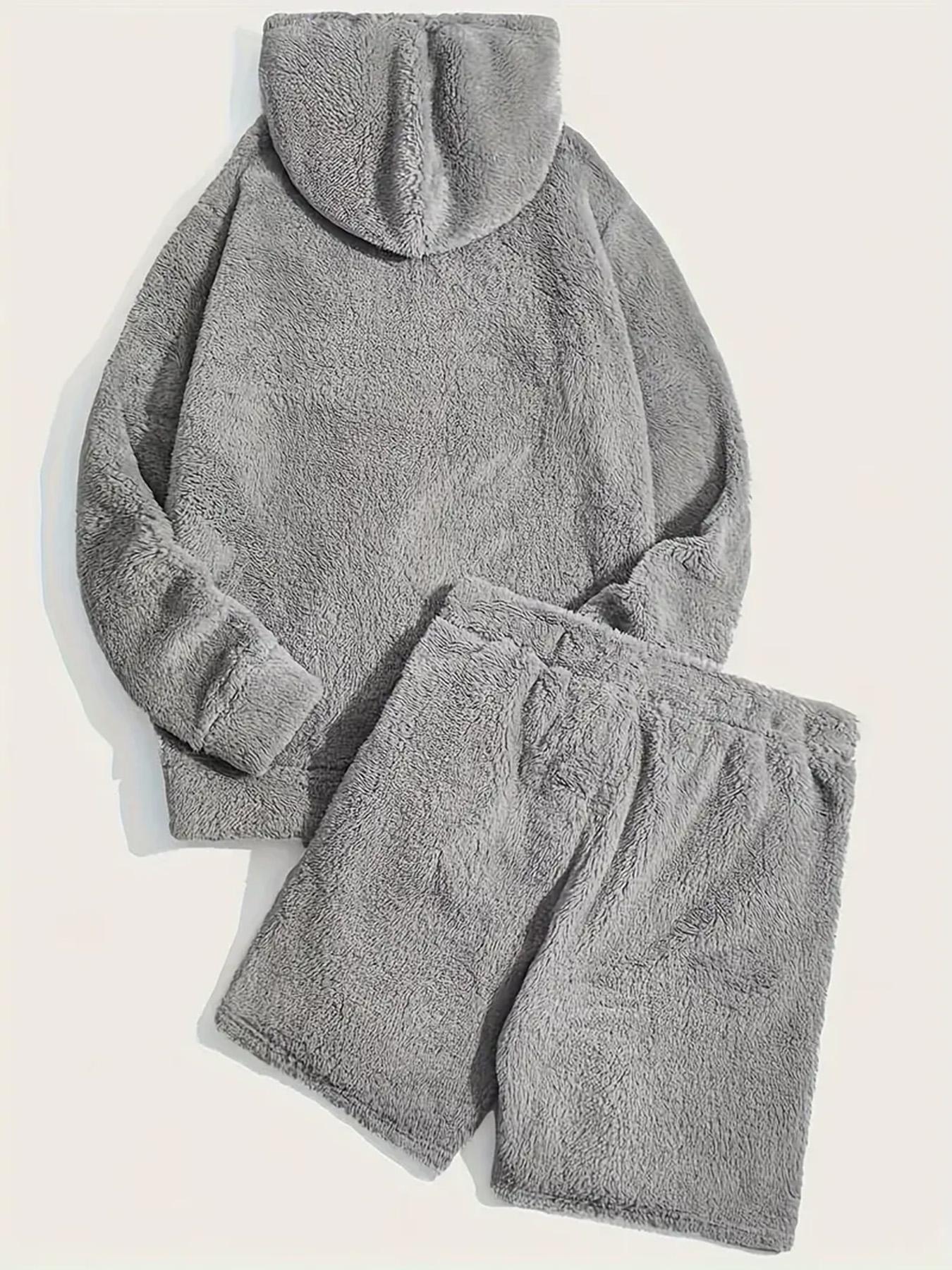 Men's Grey Drawstring Knit Hoodie & Pocket Shorts Plush Set, Regular Fit Casual Long Sleeve Hooded Sweatshirt & Shorts, Men's Fall & Winter Clothes