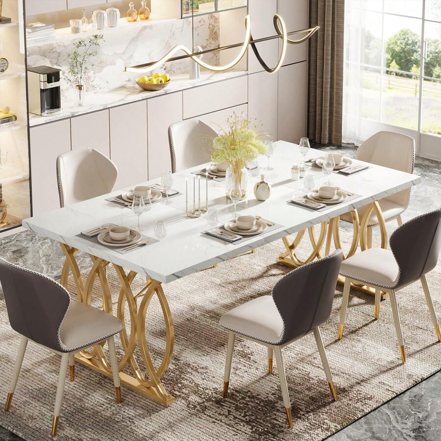 63" Modern Dining Table for 4-6 People, White Faux Marble Tabletop with Gold Geometric Legs, Rectangular Kitchen & Dining Room Furniture