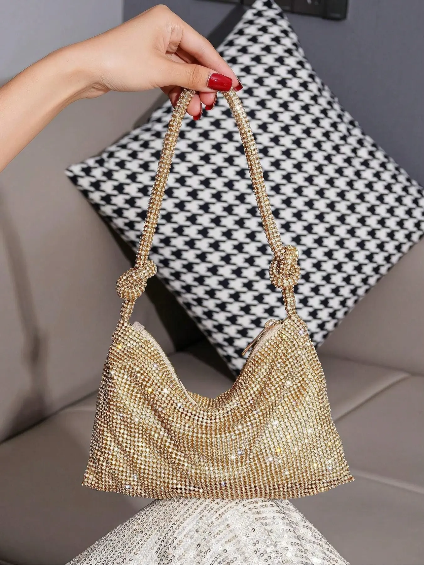 Sparkly gold rhinestone underarm hobo bag, knotted strap crystal glitter shoulder purse, bling diamond evening handbag for women prom wedding cocktail party nightclub night out