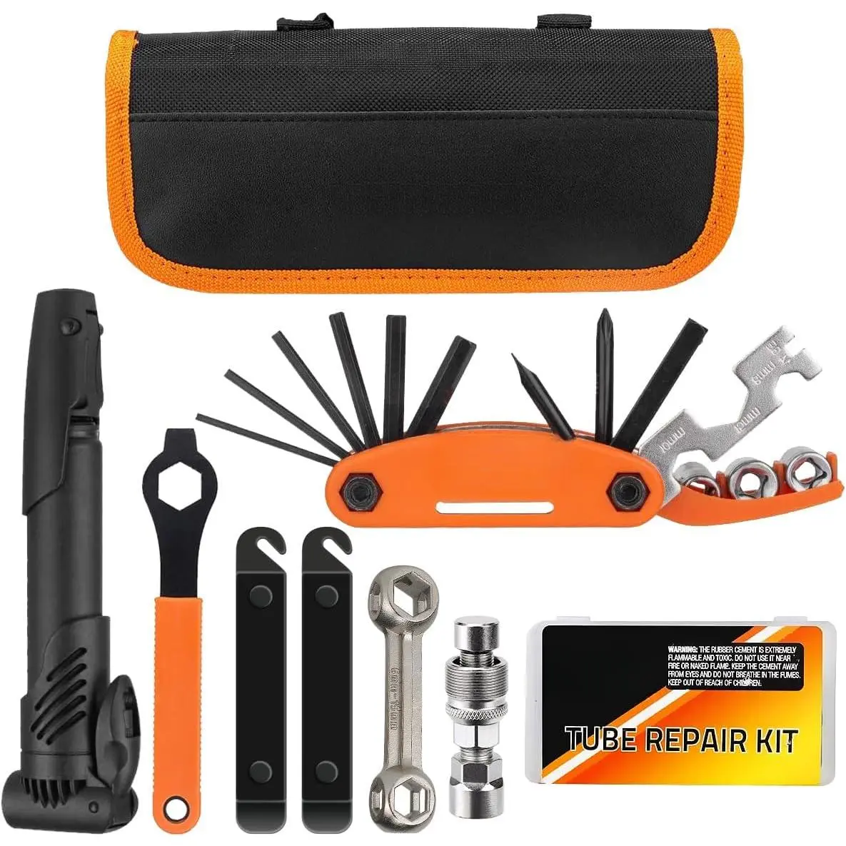 Bicycle Repair Bag With Tire Pump, Portable Tool Kit  Camping Travel - Bike Glueless Patches, Maintenance Essentials All in One Safety Kit