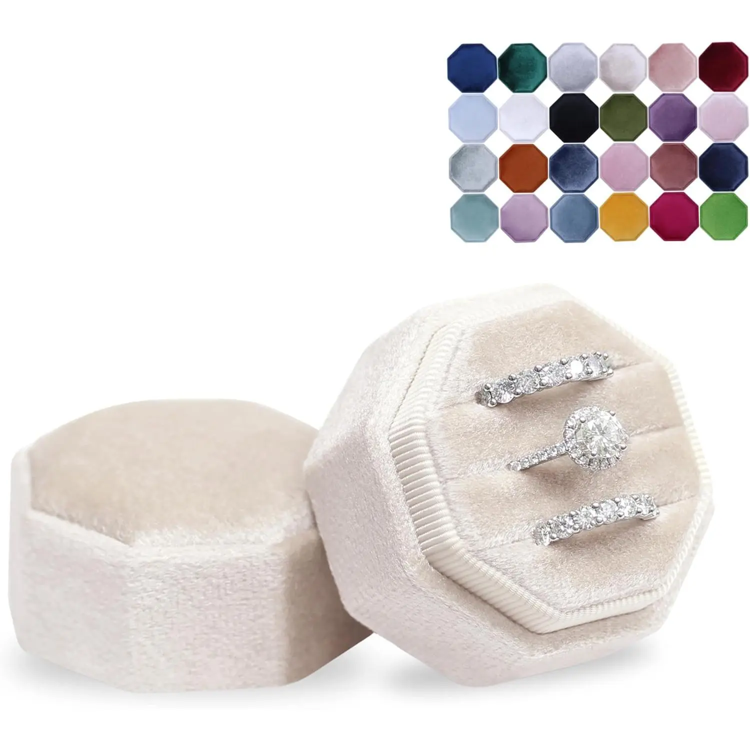 3 Slots  Ring Box Engagement Wedding Box  Box Bridal Photo Ring Triple Slots Octagon (Champagne)