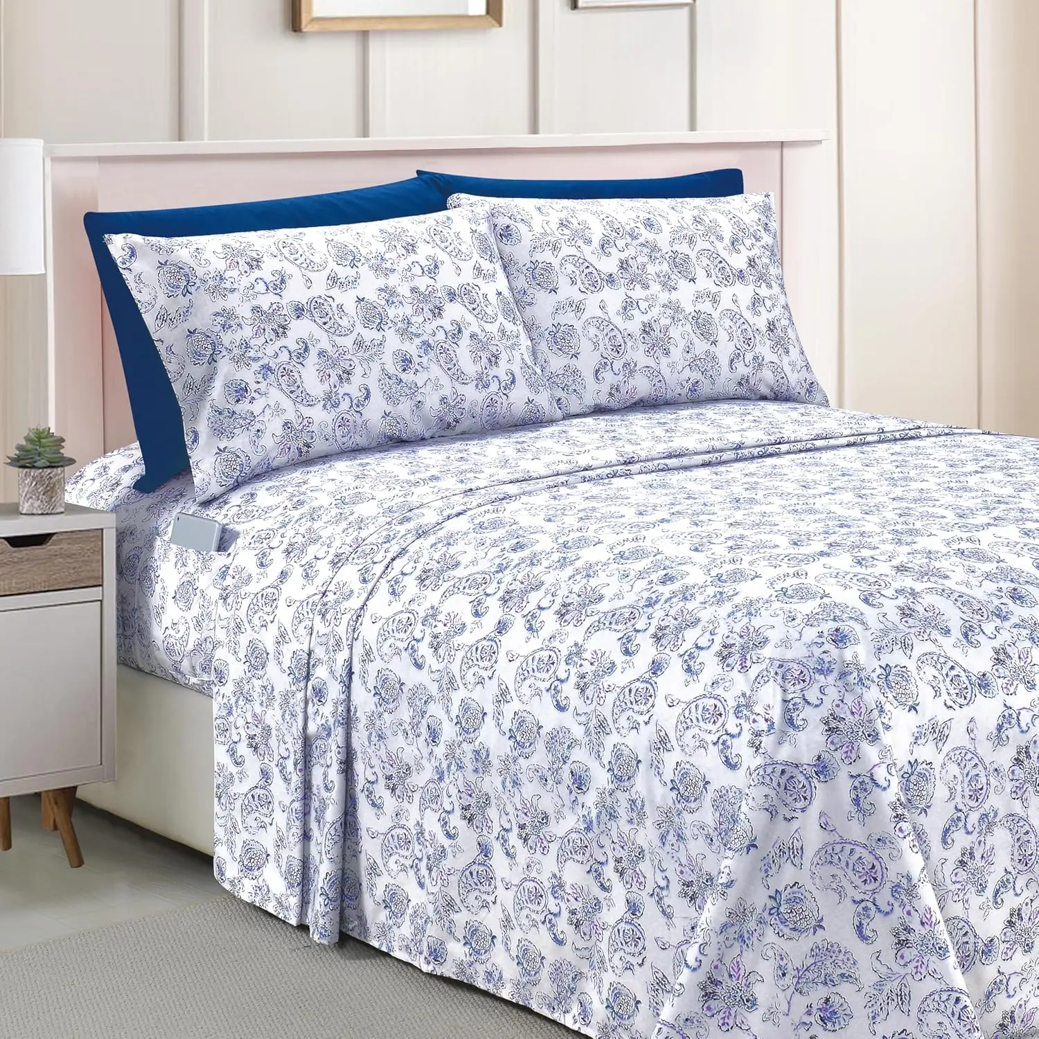 Elegant Amelia Paisley Printed  Sheet Set, Deep 1500 Hotel Quality, Fade and Wrinkle Resistant, Fitted Sheets with Pockets, Paisley Sheet Set, Queen, Midnight Blue