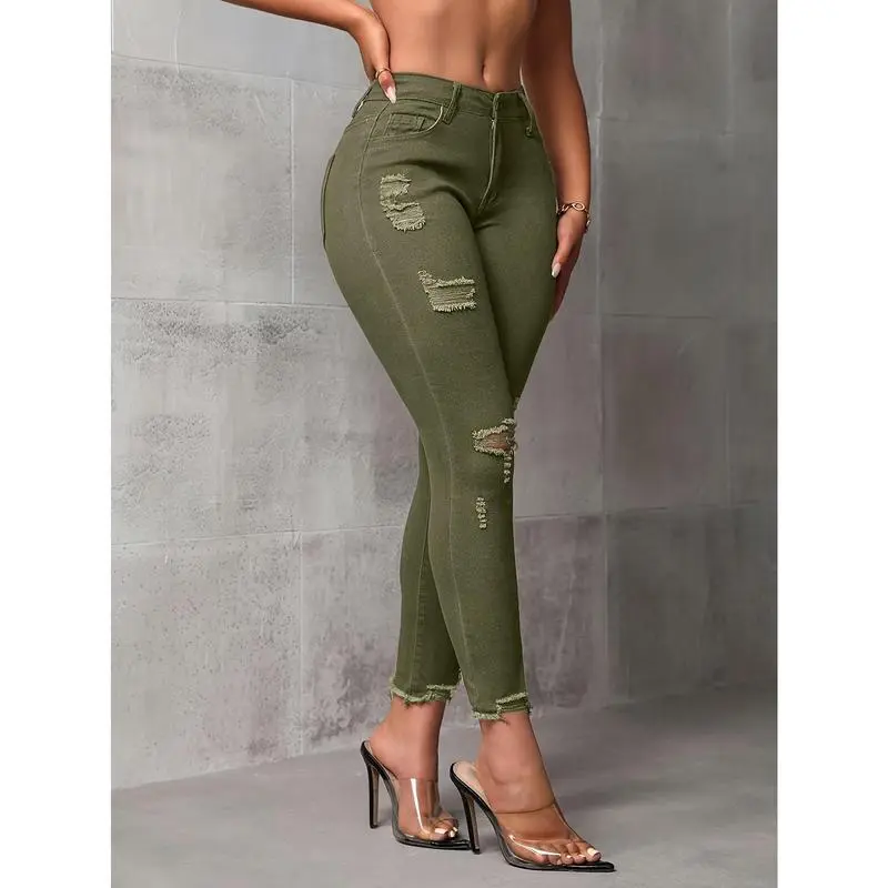 Women's Olive Green Distressed Skinny Jeans - Fashionable Stretch Denim with Raw Hem, Comfortable and Versatile, Machine Washable, Versatile Denim | Stylish Ripped Jeans | High Stretch Fabric
