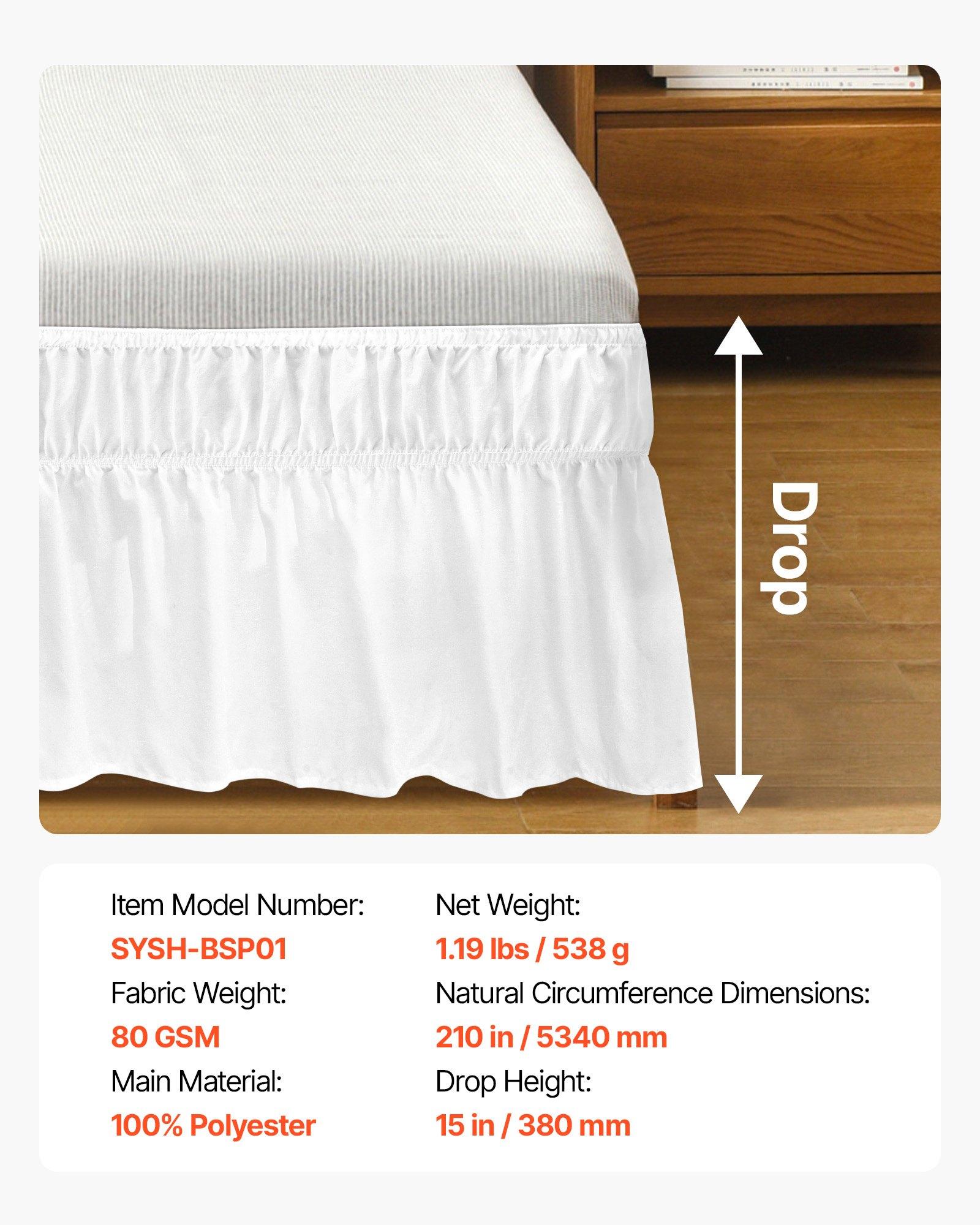 VEVOR Wrap Around Bed Skirt, 15 in Drop, White Dust Ruffle Queen Size, Three Sides Adjustable Bedskirt with Easy Fit Elastic Strap, Wrinkle-Free & Fade-Resistant, Machine Washable, for Queen Size Bed