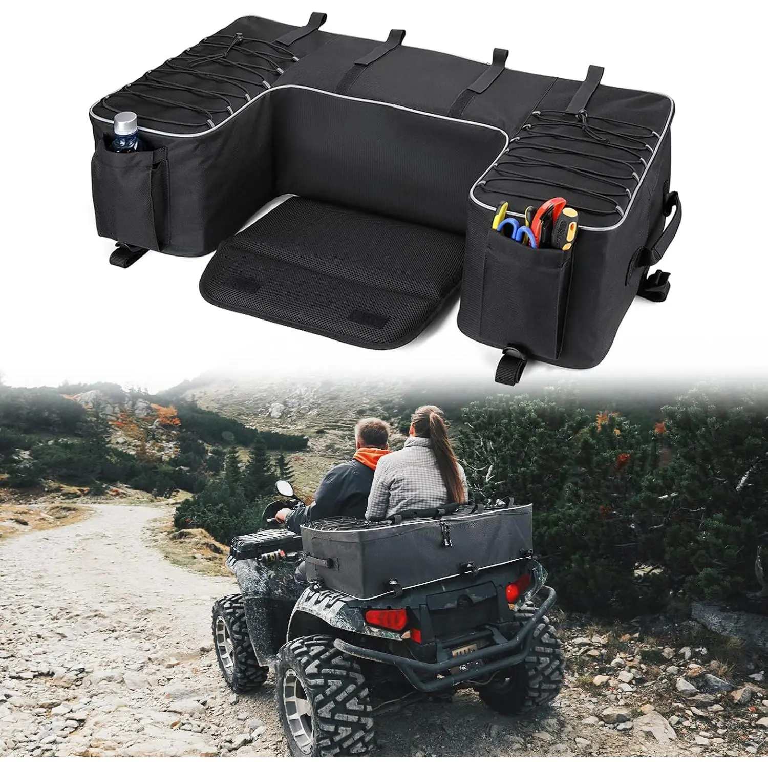 Upgraded ATV Storage Bags, 55L ATV Rear Seat Storage Bag Water-Resistant Four Wheeler Gear Bag Back Seat with Built-In Frame, Removable Cushion for Passenger