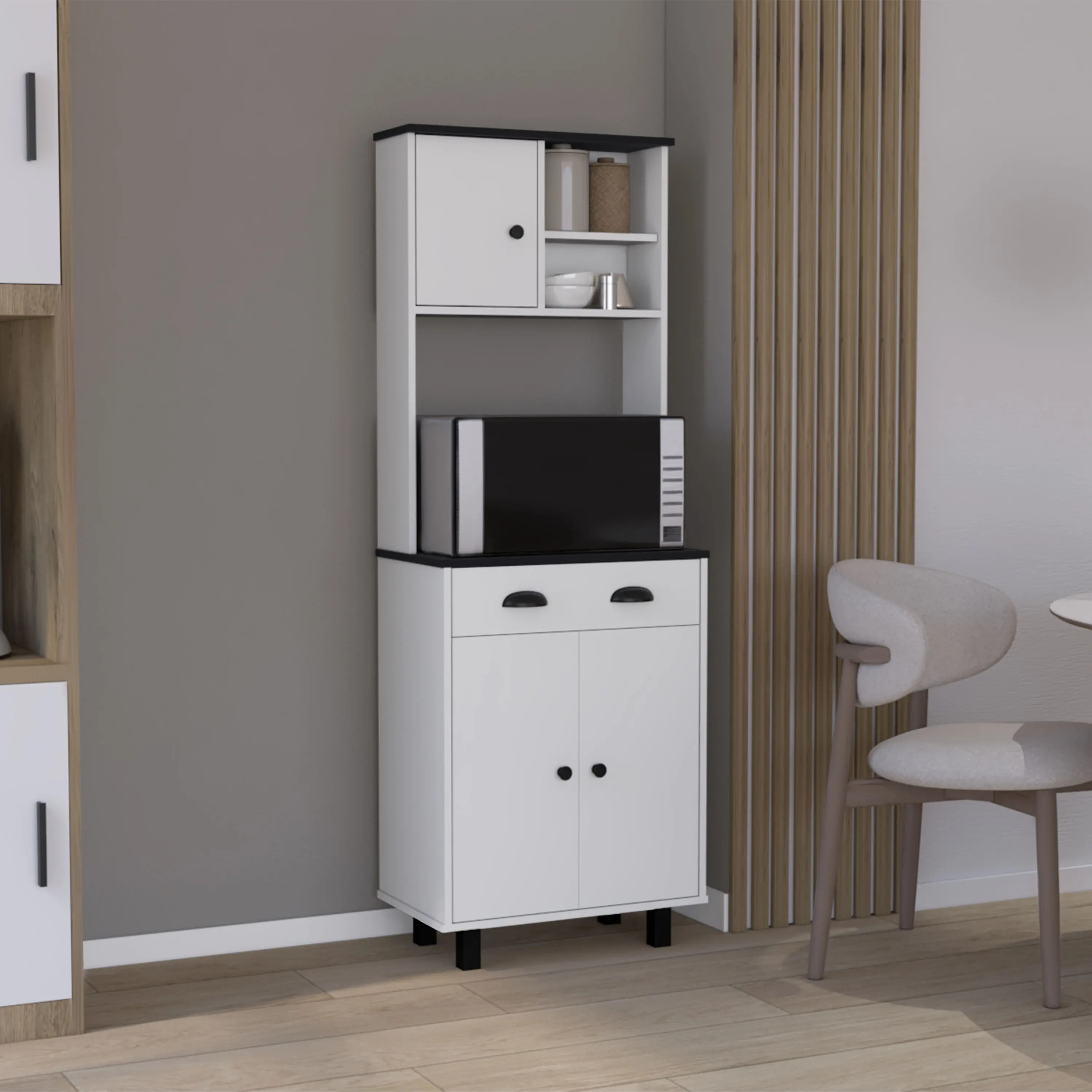 Nokaa 66.5" Tall Kitchen Pantry Cabinet with 2 Cabinets, 2 Open Shelves, 1 Drawer – Laminated Particle Board, White/Black, Compact Sideboard for Dining Room, Hallway, Multiple Color Options