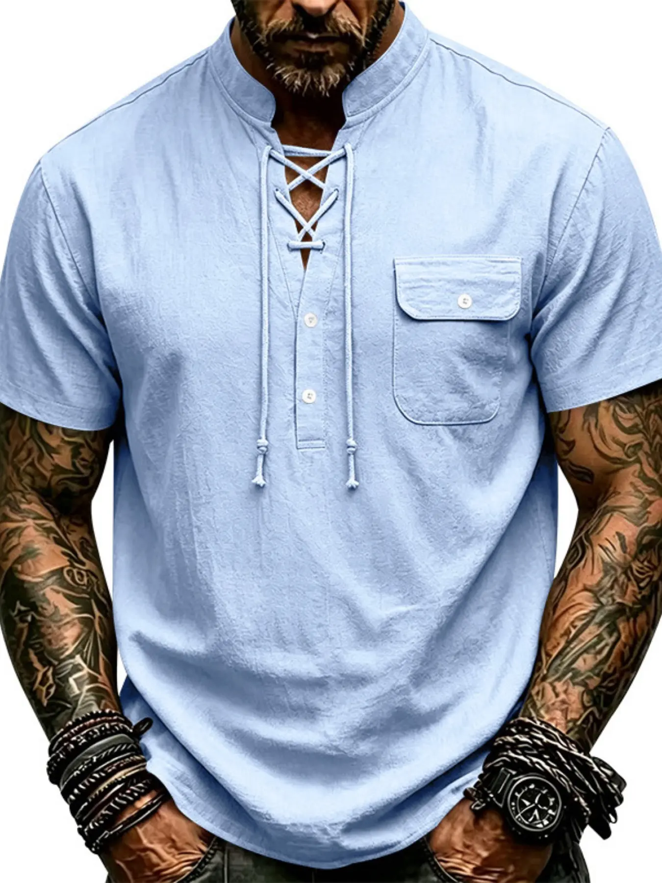 Men's Summer Vintage Loose Fit Linen Drawstring Trendy Pocket Henley Short Sleeve T-Shirt, Fashionable Men's Casual Top