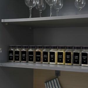 25 Spice Jars with 547 Labels- Glass Spice Jars with Black Metal Caps, 4oz Empty Spice Containers with Shaker Lids, Funnel, Chalk Pen, Square Seasoning Bottles for Spice Rack, Drawer, Cabinet