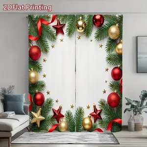 2-Piece Christmas Star Ball Pattern Curtains, Light Filtering, Living Room Bedroom Kitchen Decor, Privacy Sunshade, Semi-Transparent Rod Pocket Design