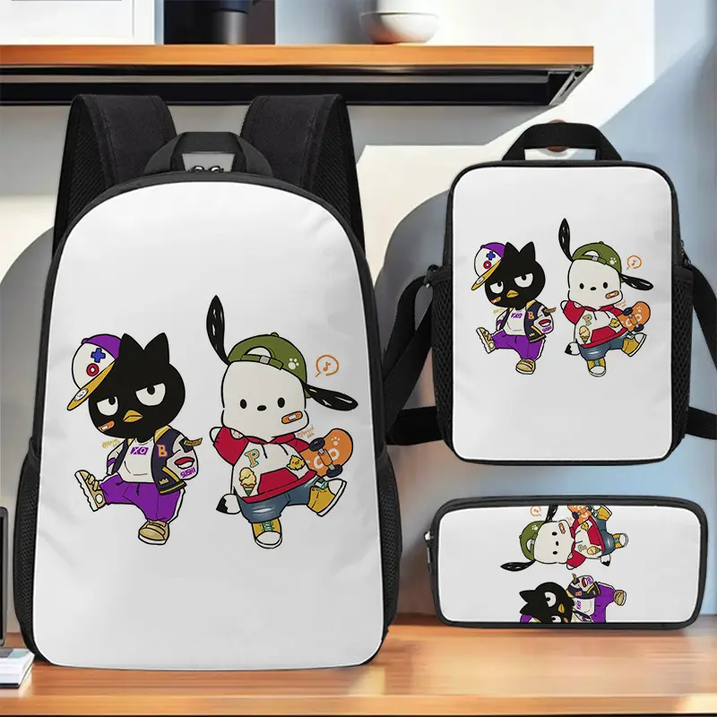 Waterproof 3-in-1 Oxford Backpack Combo, Insulated Lunch Bag Pencil Pouch, Streetwear Style Bad Badtz-Maru Pochacco Sanrio Print, Breathable Padded Straps for School Daily Outdoor Casual Trips