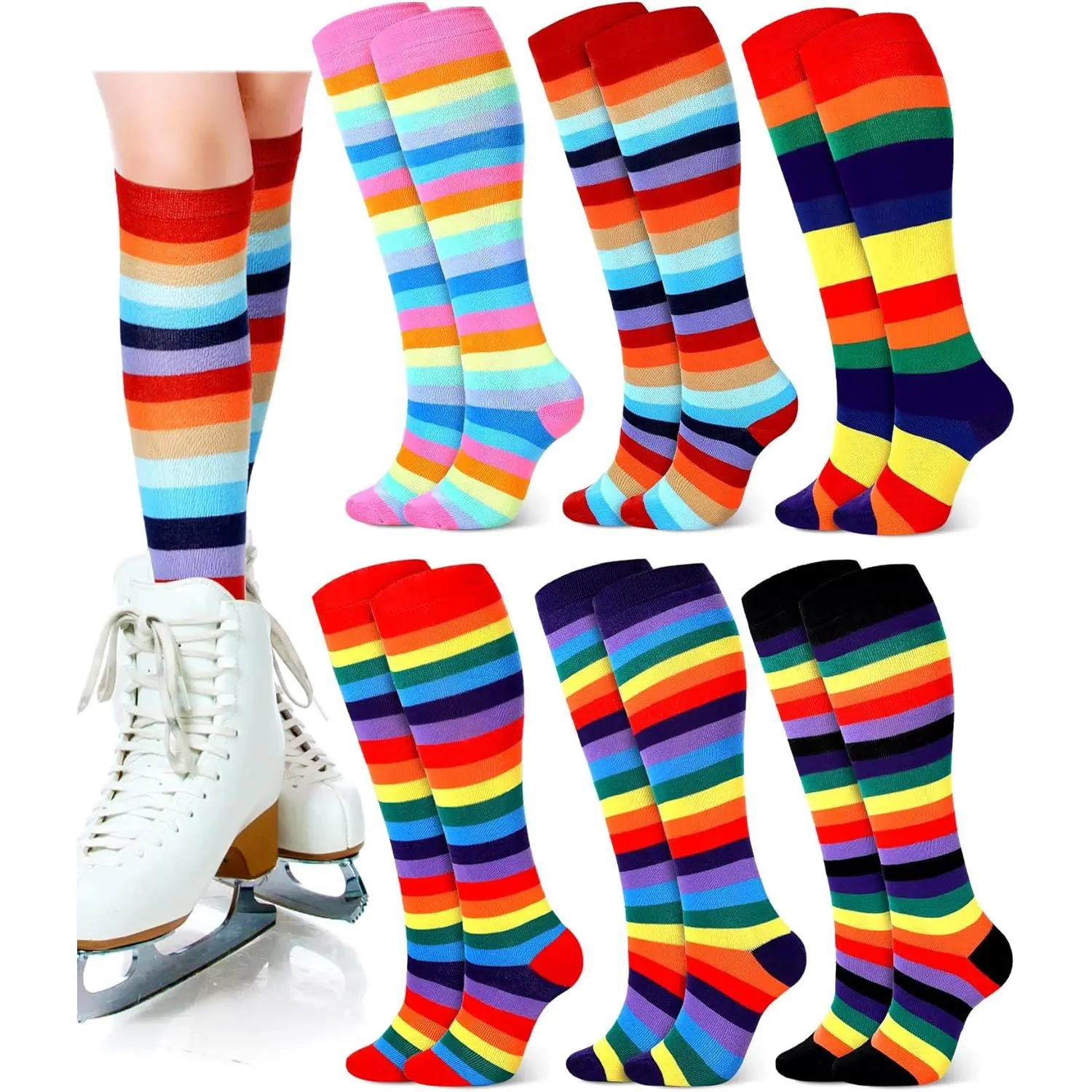 6-Pair Rainbow Striped Long Tube Knee High Socks for Women, LGBTQ+ Pride Themed Colorful Stockings