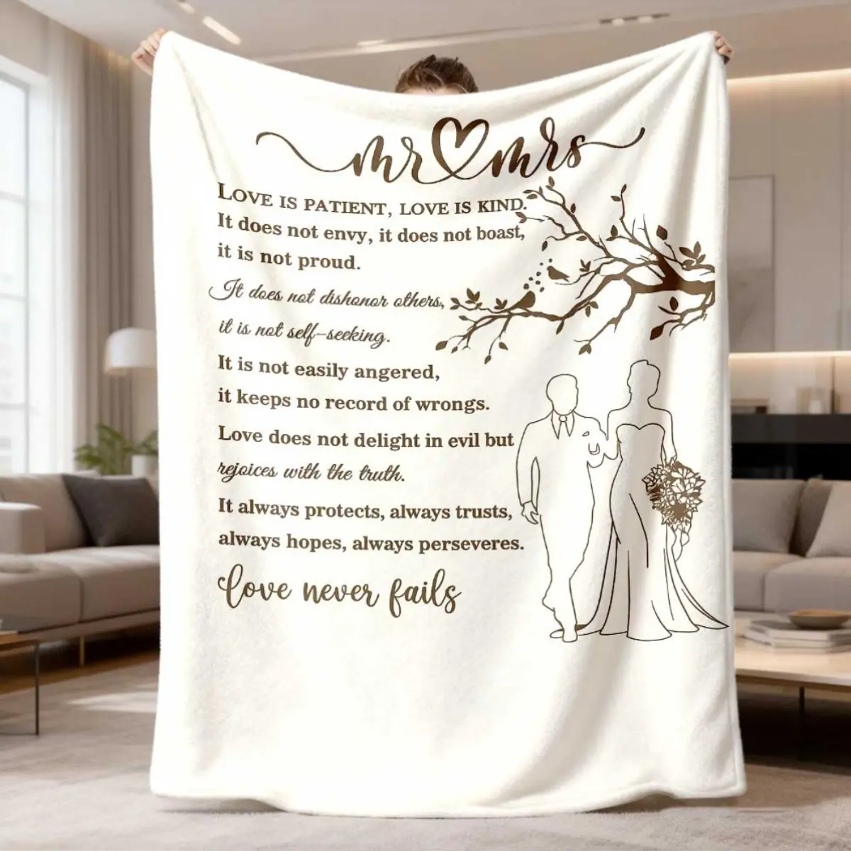 2026 New Lettered Flannel Blanket for Couples - Mr & Mrs Wedding Anniversary Gift, Lodge-Style Soft Polyester Throw, All-Season Cozy Sofa Blanket with 'Love Never Fails' Quote, Lettered Blankets