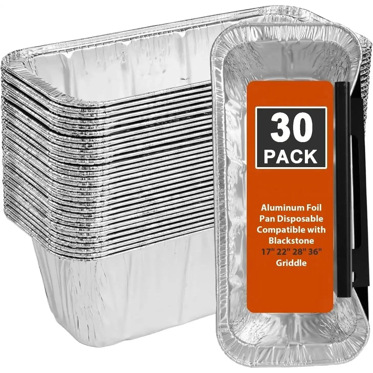 Disposable Aluminium Foil Grease Cup Liners Trays - Blackstone Griddle 5017 Cookware Pans, 8x3x3.7 Inches Mess-Free Outdoor BBQ Accessories, Fits 17",22",28",36" Grills, 30 Stackable Packs, Tray