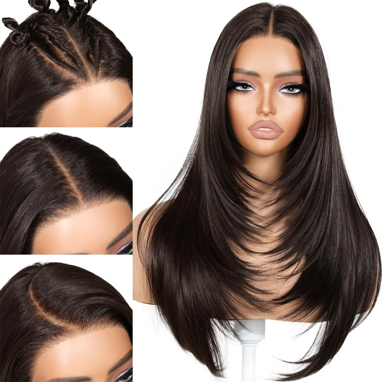 Dark Brown Glueless Wear and Go  Lace Frontal Wig 13x6 Synthetic Pre Cut Lace Layered Womens Wig with Bangs Pre Plucked 24 Inch