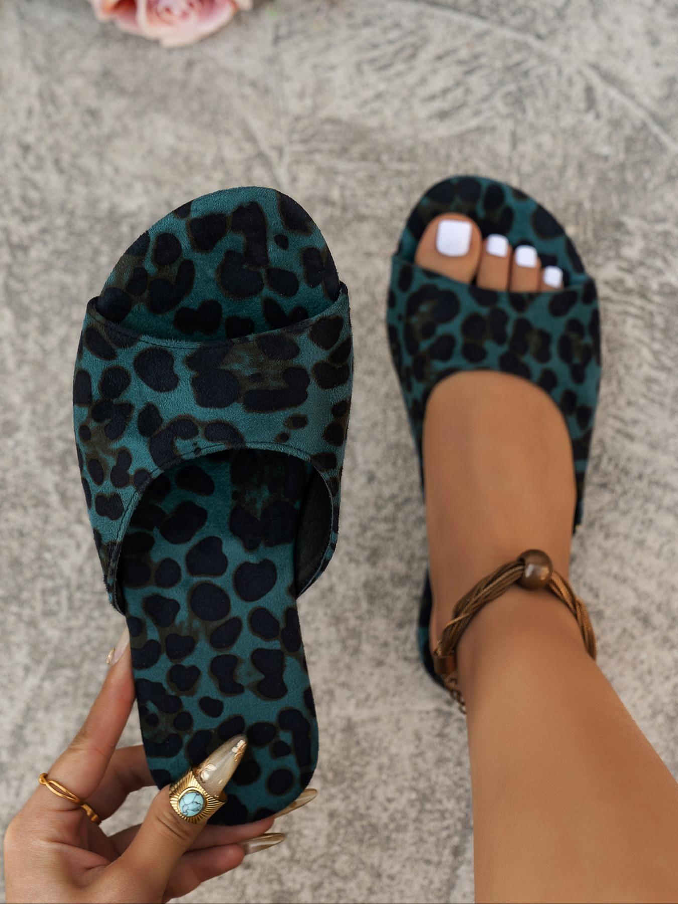Women's Fashion Leopard Print Flat Sandals Ethnic Style Sandals Casual Comfortable Open Toe Slide Sandals for Summer, Female All-match Shoes for Daily Wear