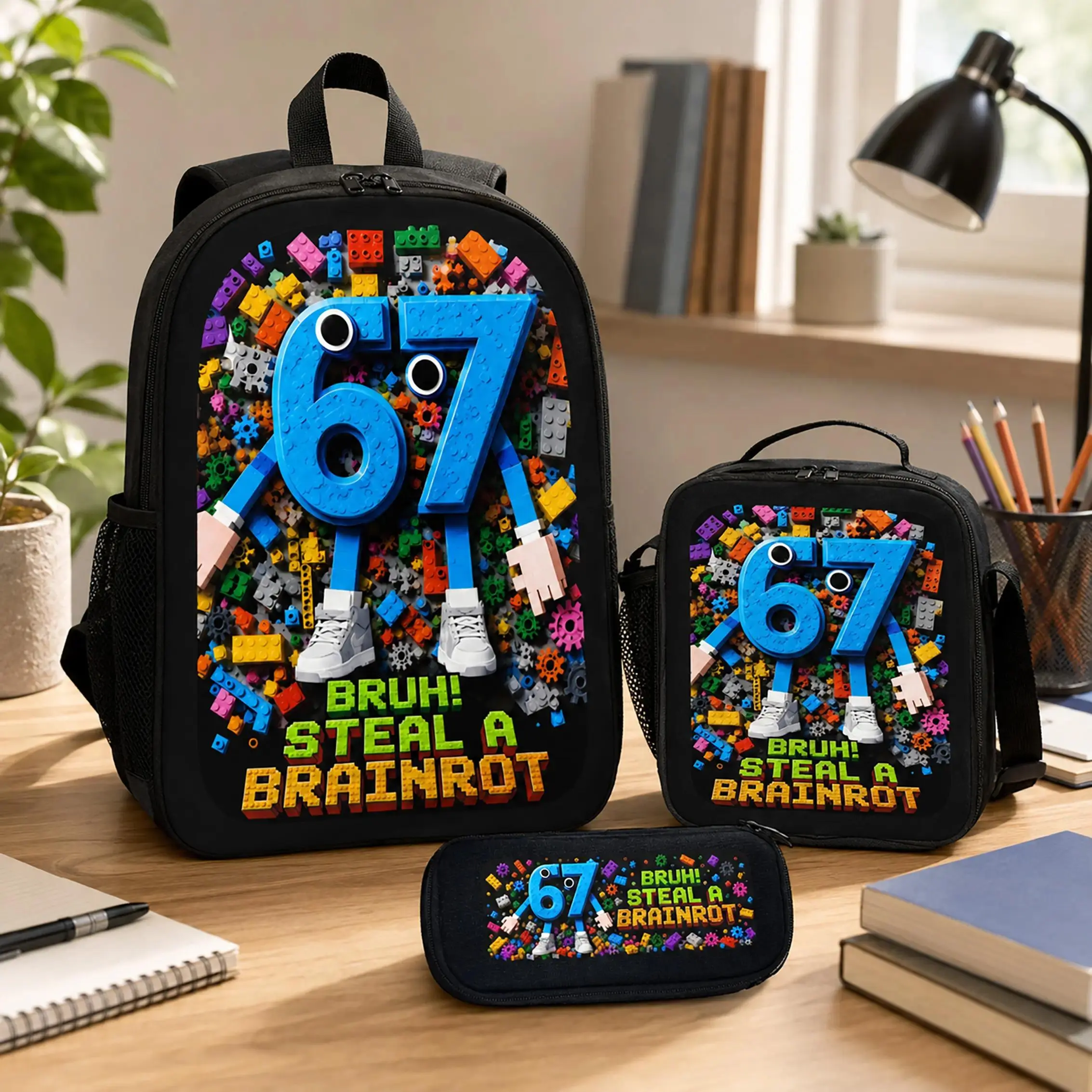 67 Viral Brainrot 3-Piece Backpack Set, Durable Polyester, Lightweight Large-Capacity Bookbag with Lunch Bag & Pencil Case, Funny Graphic Back-to-School Travel Daypack for Teens Students