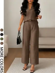 Women's Fashion Casual Versatile Style V Neck Sleeveless Top with Loose Straight Leg Pants Two-Piece Set, Outfit for Everyday Wear