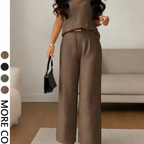 Women's 2-Piece Fashion Casual Set, V-Neck Sleeveless Top & Loose Straight Leg Pants, Non-Elastic Fabric, Size Up Recommended