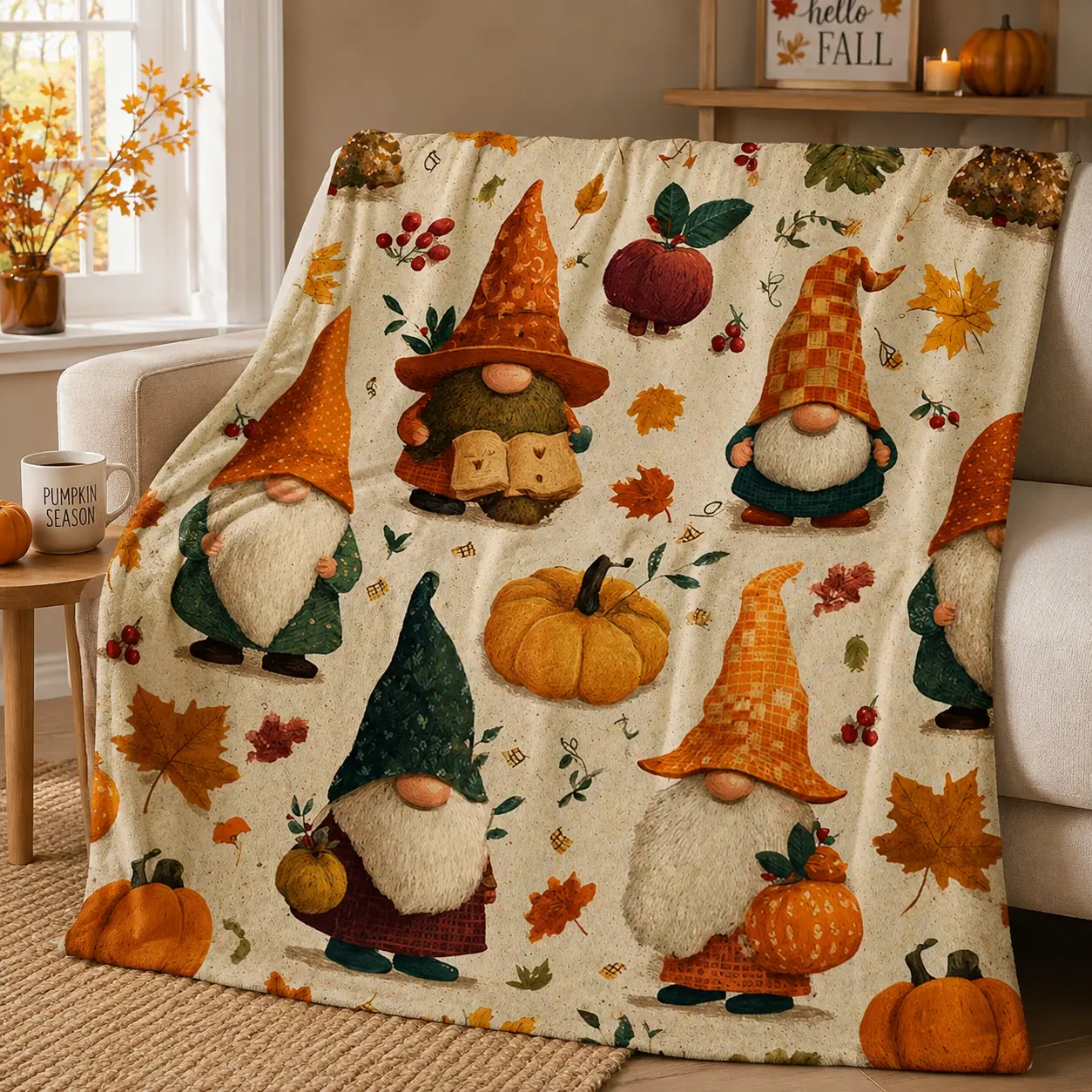 Fall Gnome Flannel Fleece Blanket, Cute Pumpkin Autumn Throw Blanket, Cozy Harvest Gnome Blanket for Bed Sofa Couch, Thanksgiving Fall Home Decor Gift