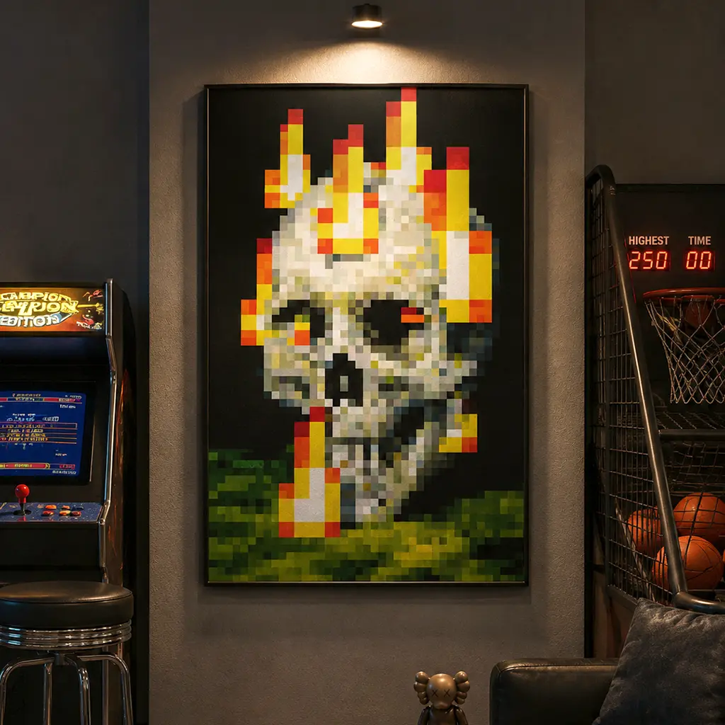 Minecraft Burning Artistic Poster, High-Quality Print, Game Poster, Vibrant Colors, Rustic Charm, Trendy Funny Wall Art, Dorm Room Decor, Pixel Art for MC Fans, Gaming Room Decor, Gamer Gift, Aesthetic Room Decor, Bedroom Decor, Wall Art Decoration