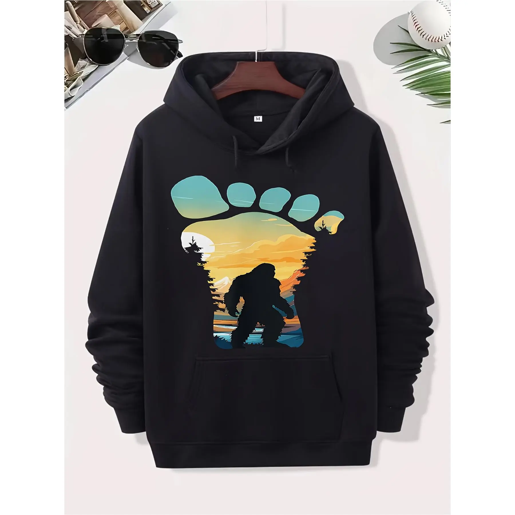 Sasquatch Men's & Women's Graphic Hoodie - Classic Black Cotton Blend Pullover with Kangaroo Pocket, Sasquatch/ Footprint & Forest Print, Casual Game Day & Cryptozoology-Themed Apparel, Comfortable Fit Hooded Sweatshirt
