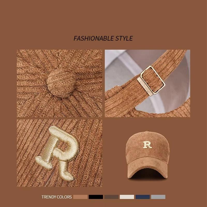1pc Corduroy Baseball Cap with 3D Embroidered 'R' Letter Maillard Color Palette Adjustable StructuredHat Stylish Accessory Women