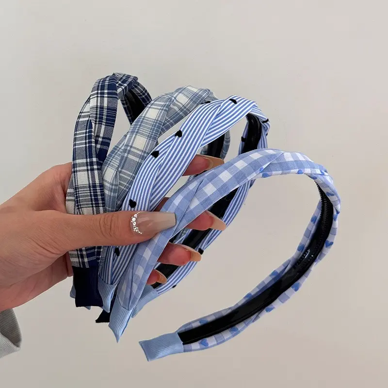 Blue Plaid Knotted Headband for Women, Preppy Non Slip Hair Band with Inner Teeth Grip, Comfortable Wide Headband for Thick Thin Hair, Aesthetic Everyday Hair Accessory