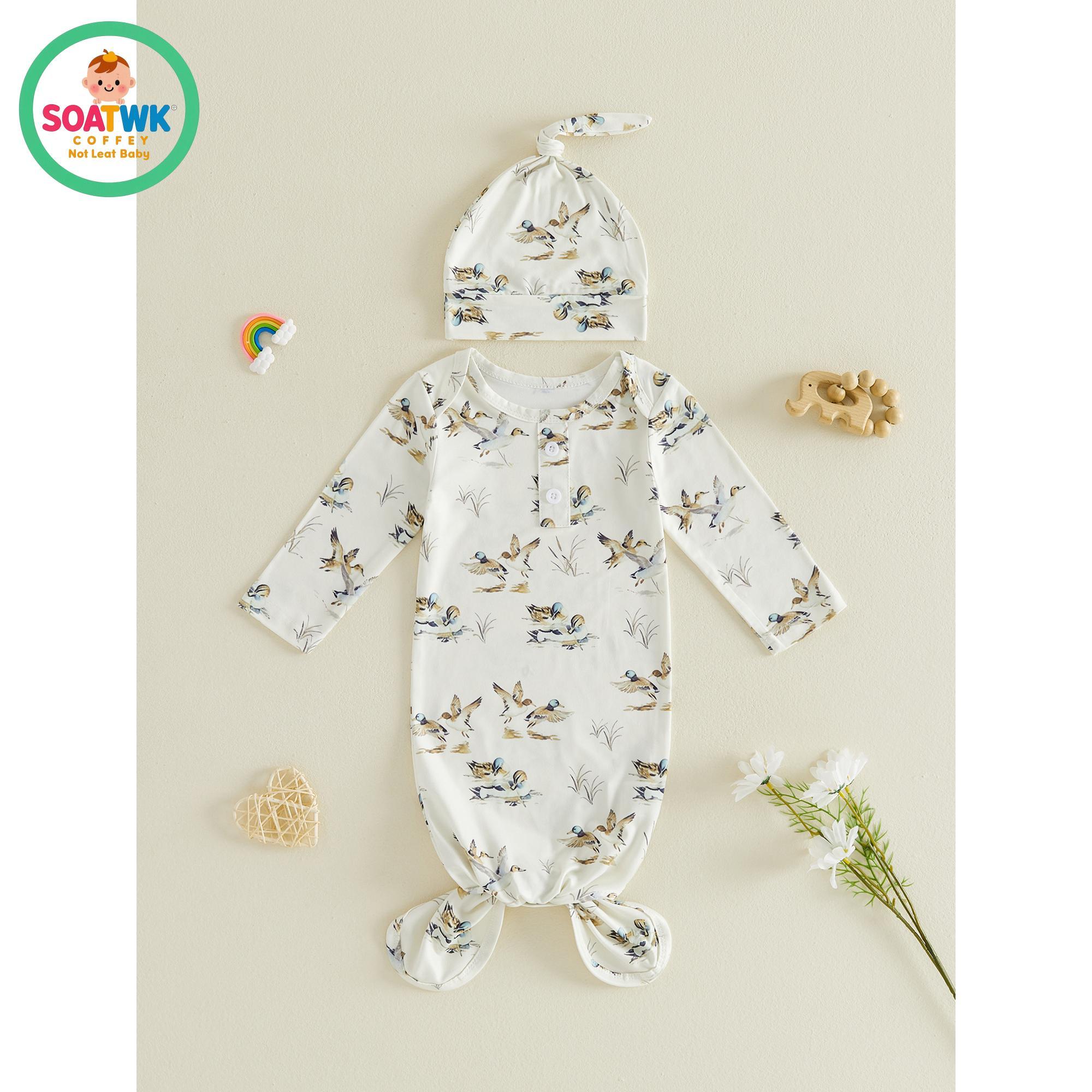 Baby Boy Sleeping Bag with Hat Cute Duck Print Newborn Knotted Gown Infant Swaddle