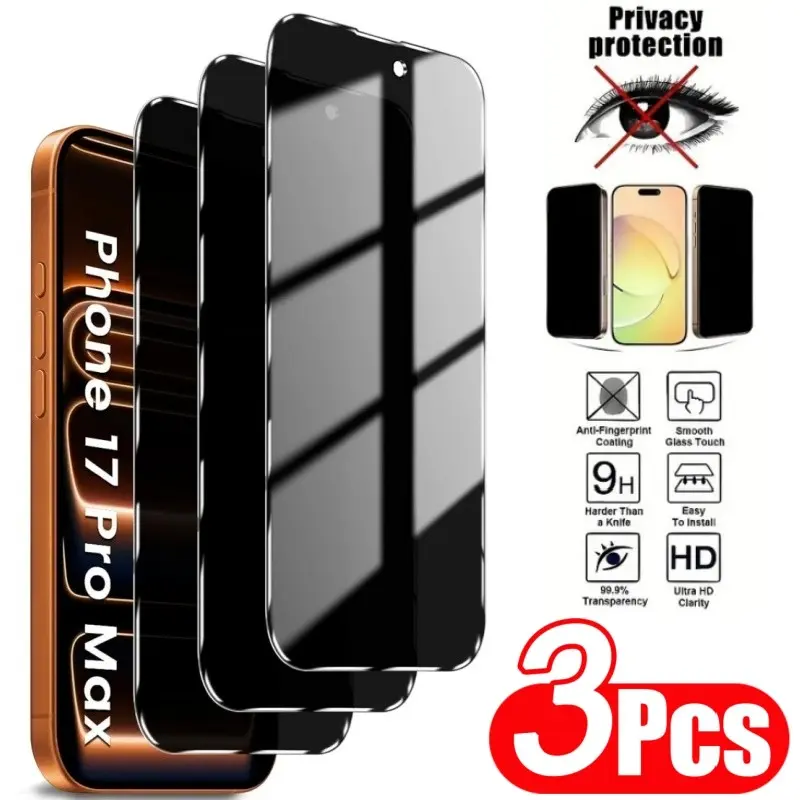Three-Pack 28-Degree Privacy Tempered Glass Screen Protector for iPhone 17 16 15 14 13 12 11 Pro Max 17 Air 14 15 16 Plus 13 12 Mini, Anti-Glare, Scratch-Resistant, Touch-Sensitive, Compatible with Face ID