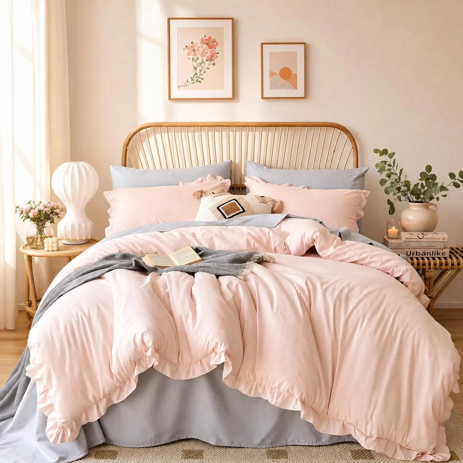 Blush Pink Queen Comforter Set - Soft Microfiber Lightweight All Season Bedding, Ruffle Shabby Chic Aesthetic, Breathable Cozy Bed Set with 2 Pillow Shams, Machine Washable