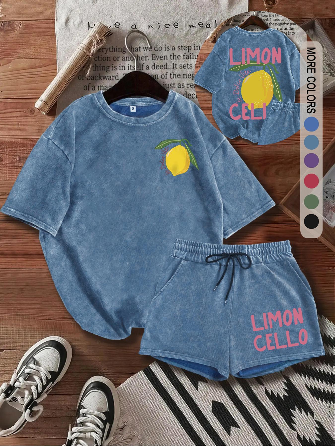 Two-Piece Set Women's Lemon Print Short Sleeve Tee & Shorts, Casual Round Neck T-shirt & Shorts, Summer Clothes for Daily Wear, Suits