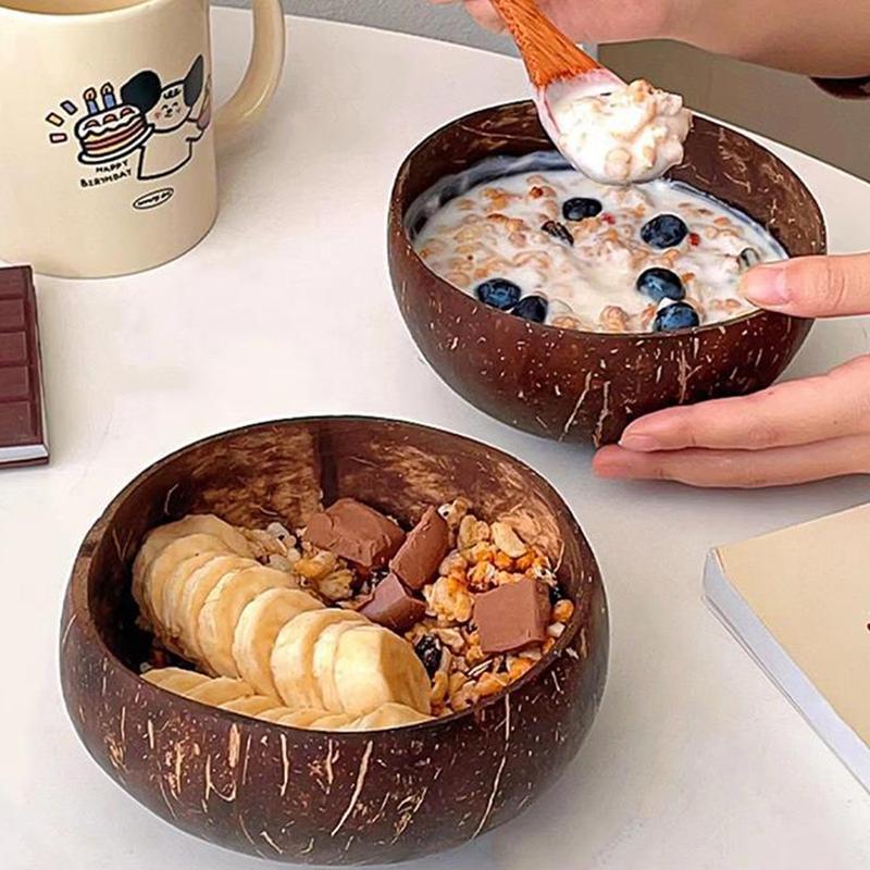 Natural Coconut Shell Bowl Set with Wooden Spoon, Traditional Southeast Asian Vietnamese Coconut Bowls, Eco-Friendly Serving Fruit Smoothie Salad Bowls