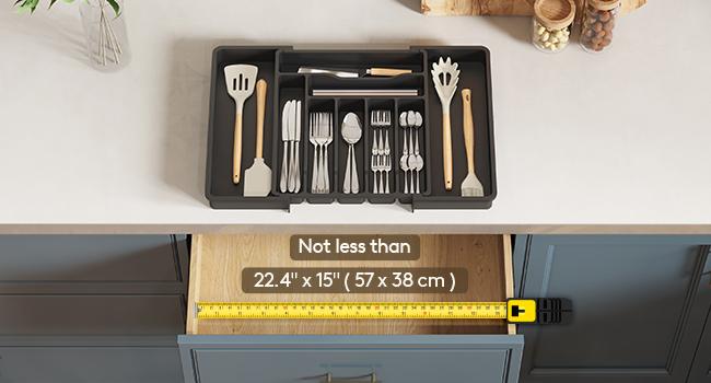 Utensil Organizer for Kitchen Drawer, Expandable Cooking Silverware Tray, Adjustable Cutlery Flatware Holder, Plastic Spatula Tools Storage Divider, 13-22.4 x 15", Black