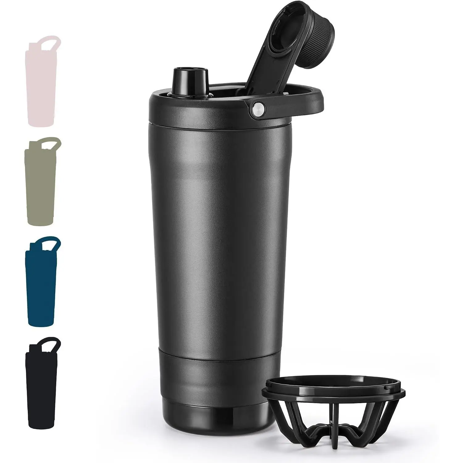 24 oz Insulated Shaker Bottle with Portable Powder Container, Leak-Proof Protein Shaker Bottle, 304 Stainless Steel Insulated Water Bottle with Removable Mixer & Measurement Marks, Black