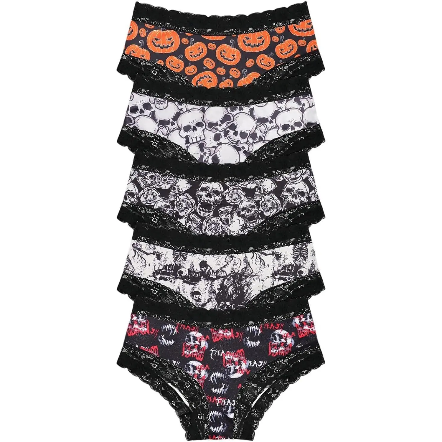 Morvia Halloween Printed Lace Trim Bikini Briefs for Women, 5 Pack, Gothic Skull and Pumpkin Panties, Soft Breathable, S-XXL