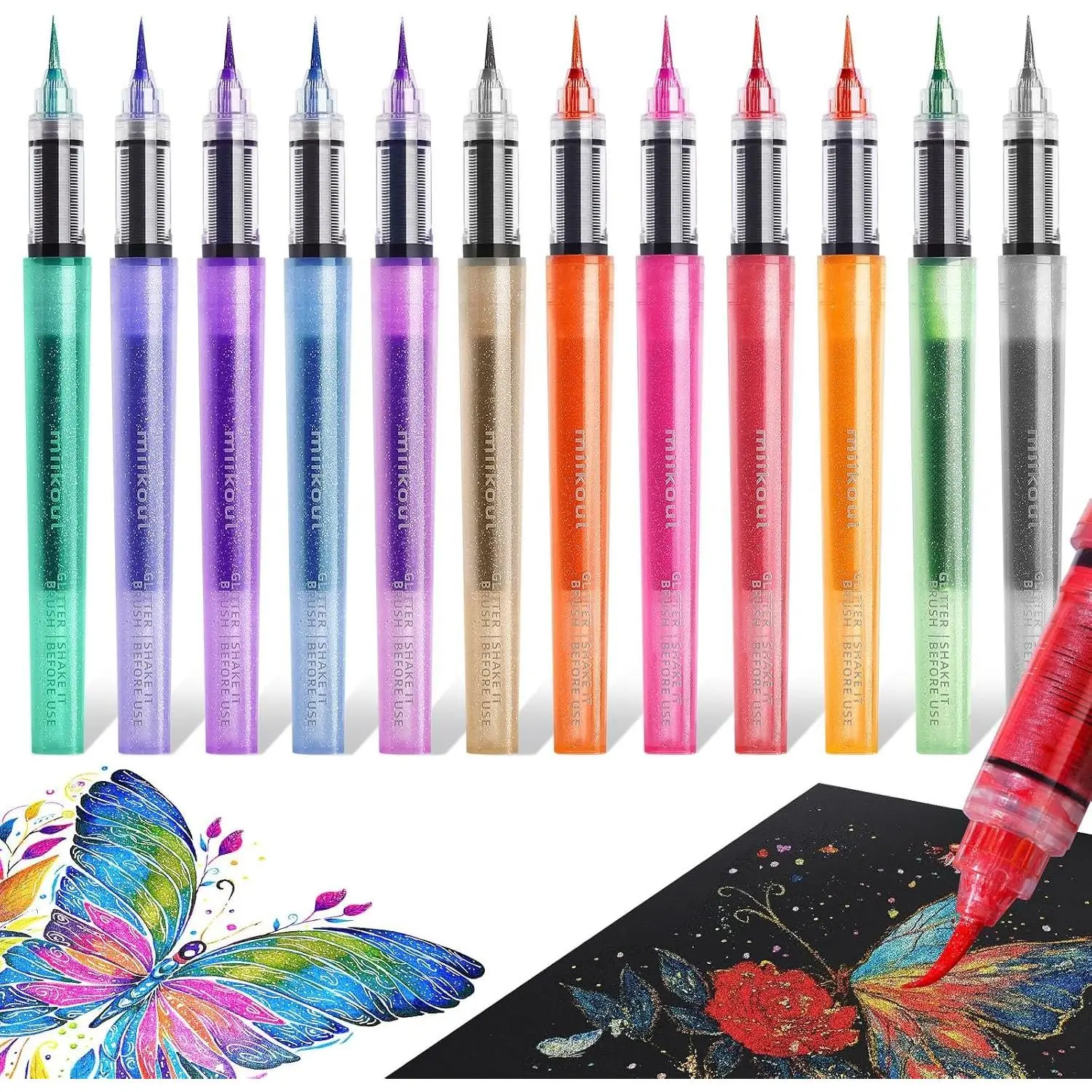 12 Colors Glitter Brush Markers Pen Fine Tip for Drawing Card Craft | Precision Detailing Broad Coverage, Sparkly Pens for  Adults Coloring Birthday Greeting Scrapbooking Diy Projects