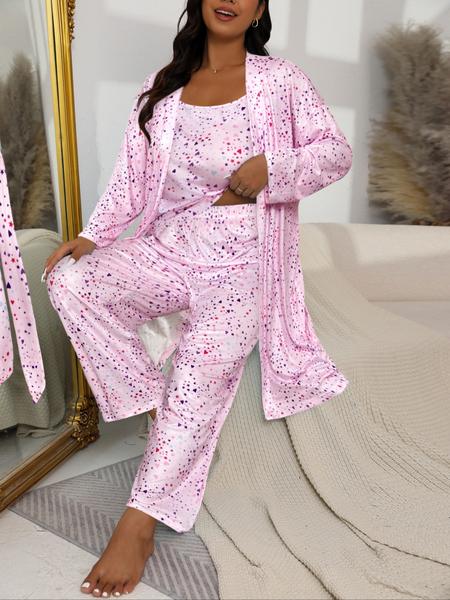 Plus Size Heart Star Polka Dot Print Strap Pants & Long Sleeve Robe Set, Casual Home Wear, Spring & Fall Sleepwear, Comfortable Fit