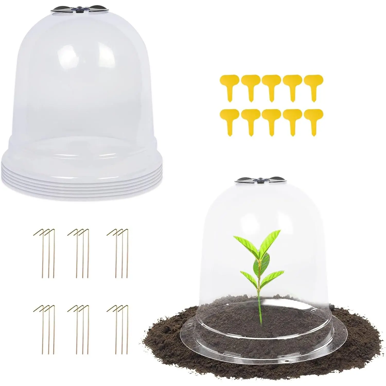 6 Pack Garden Cloche Plant Dome, 7.3" D x 6.9" H Plastic Plant Bell Cover Reusable Mini Greenhouse with 18 Ground Securing Pegs & 10 Plant Labels for Outdoors Frost Freeze Protection