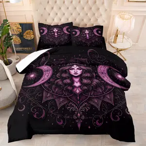 Mystical Triple Moon Goddess Purple Gothic Comforter Bedding Set, 1 Comforter + 1-2 Pillowcases, HD Digital Printed, Soft Comfortable Skin-Friendly Washable Fabric, Dark Magical Summer Bedroom Decor