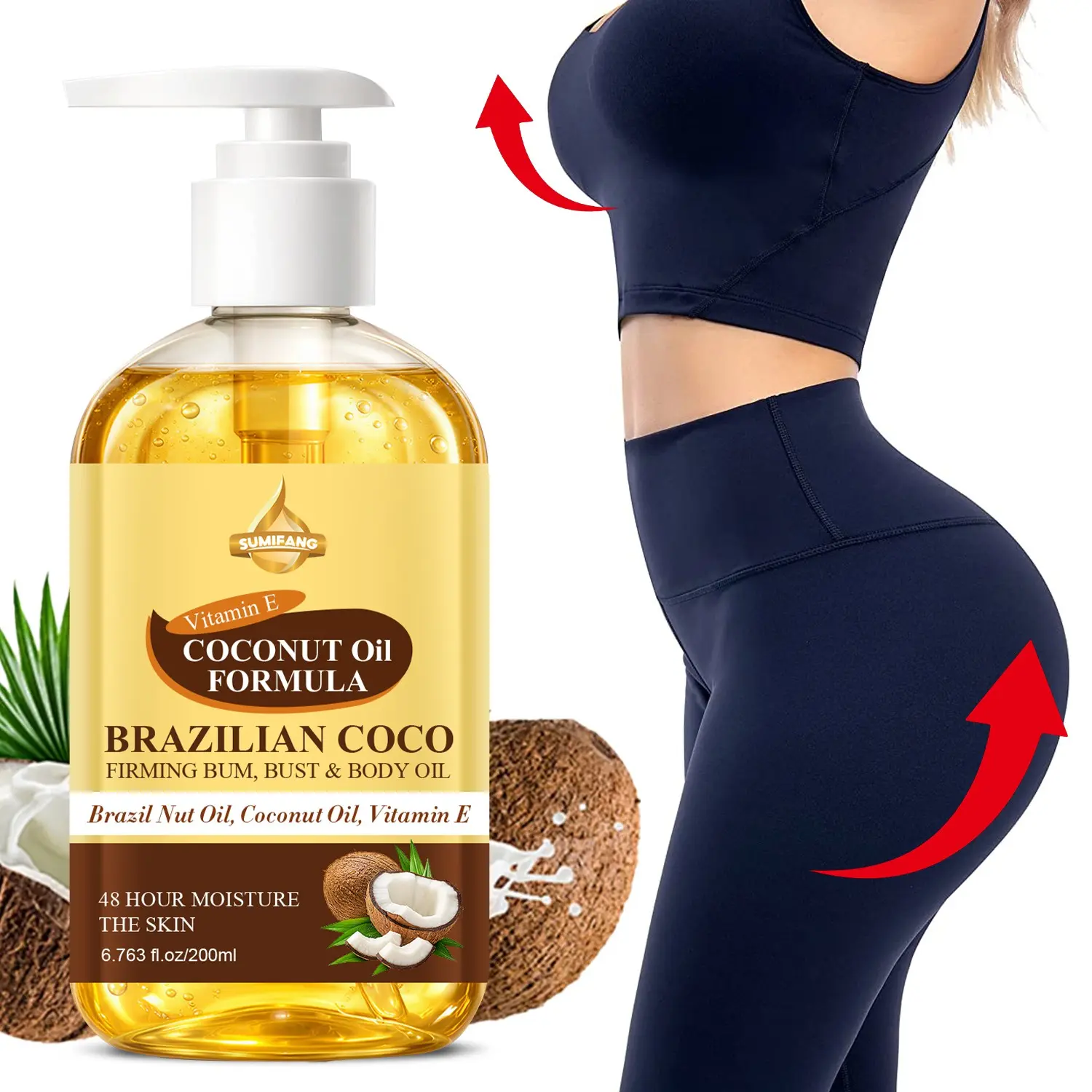SUMFANG Brazilian Coconut Oil Liquid Firming Body Oil 200ml – Coconut Oil + Vitamin E + Brazil Nut Oil – Natural Plant Extracts. Firms buttocks, breasts, and the whole body.