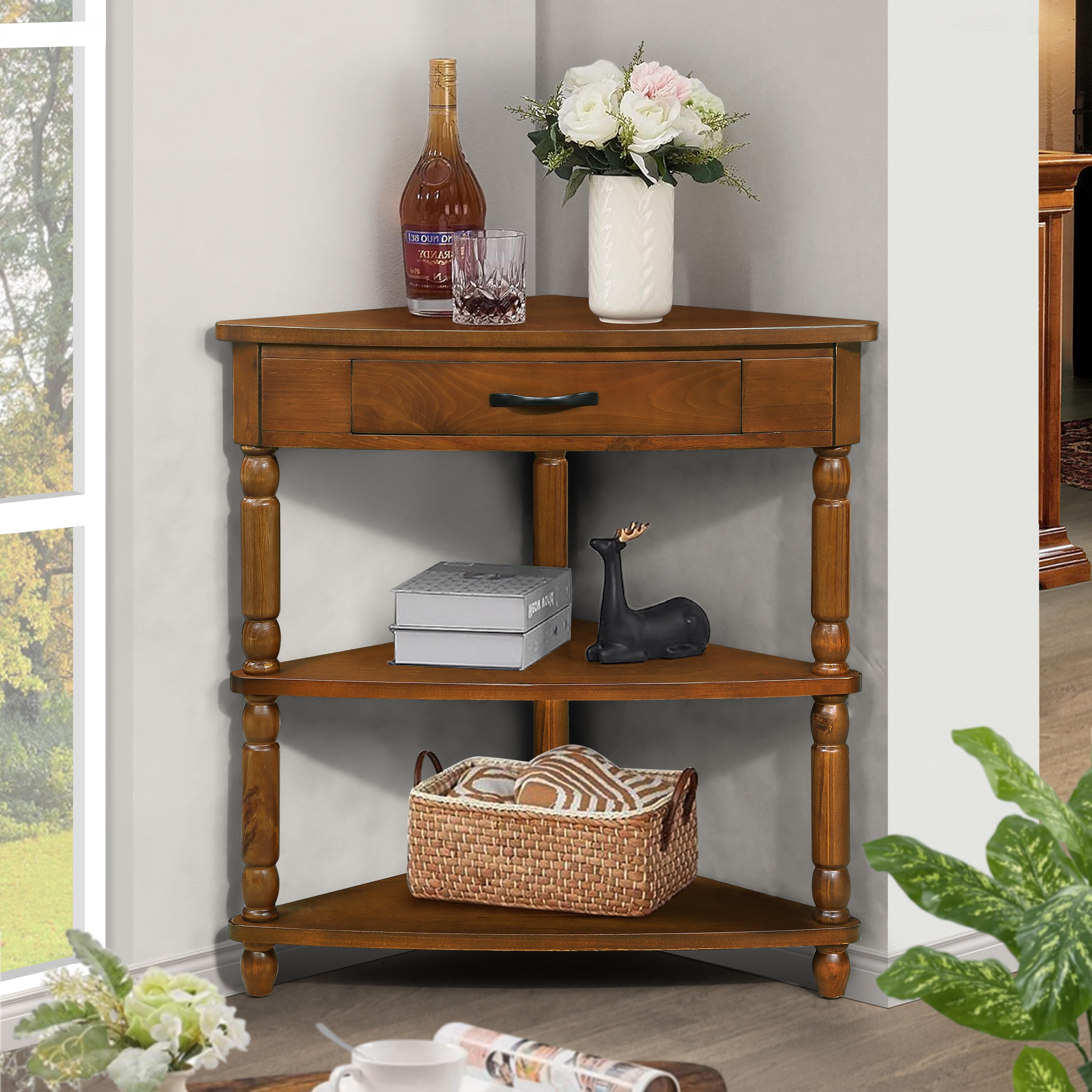 33.8'' Small Triangle Corner Table, Wood Corner Side Table for Small Spaces/ Living Room, 3 Tier End Corner Table with Solid Wood Legs, Brown(High end and high-quality)