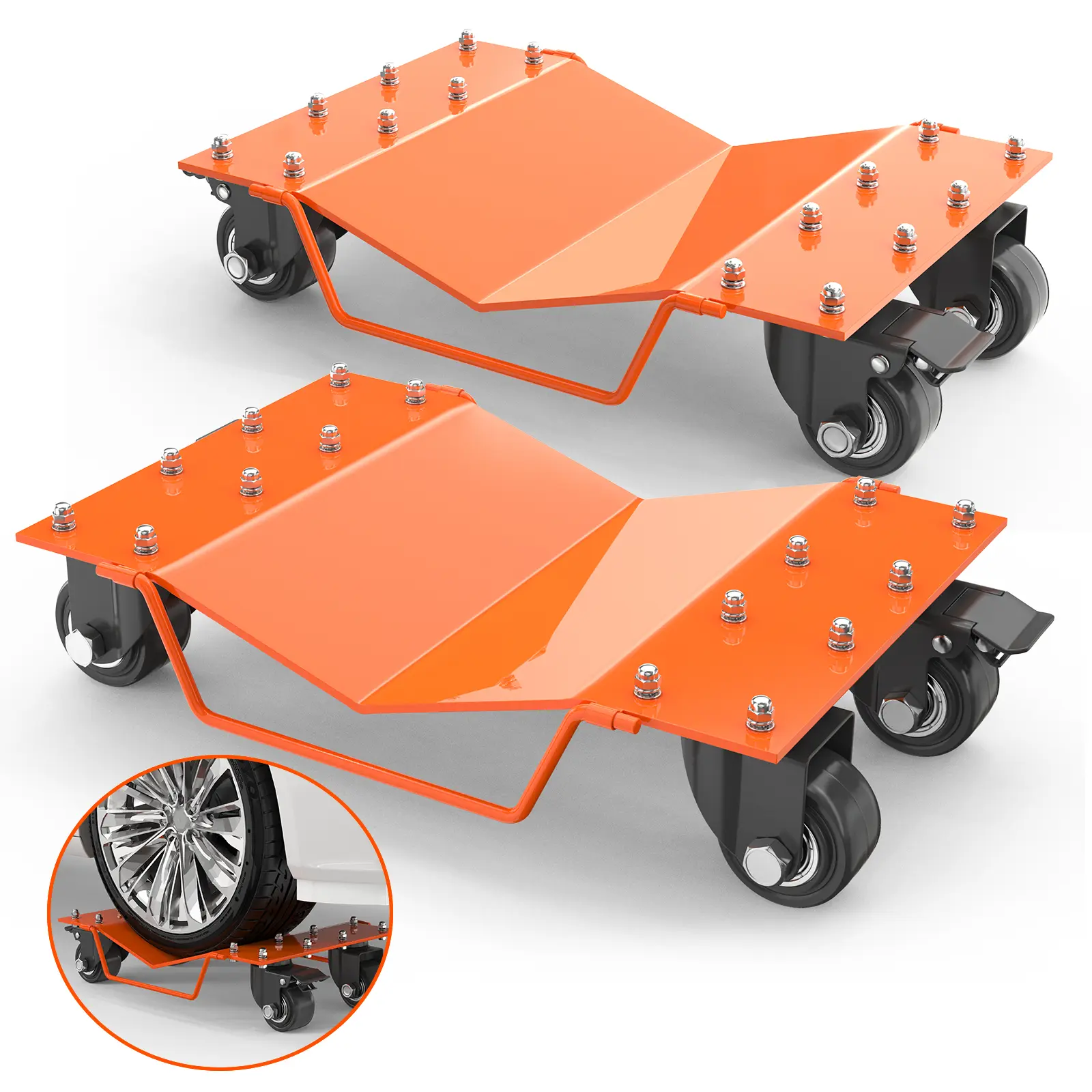 Heavy Duty Car Wheel Dolly Set (8000 lbs Per Set, 2000 lbs Each) - 360° Swivel Casters, Brakes, Security Lock, Anti-Slip & Floor Protection - Industrial Mobile Base 4-Pack for Cars, Boats | Orange, Trucks