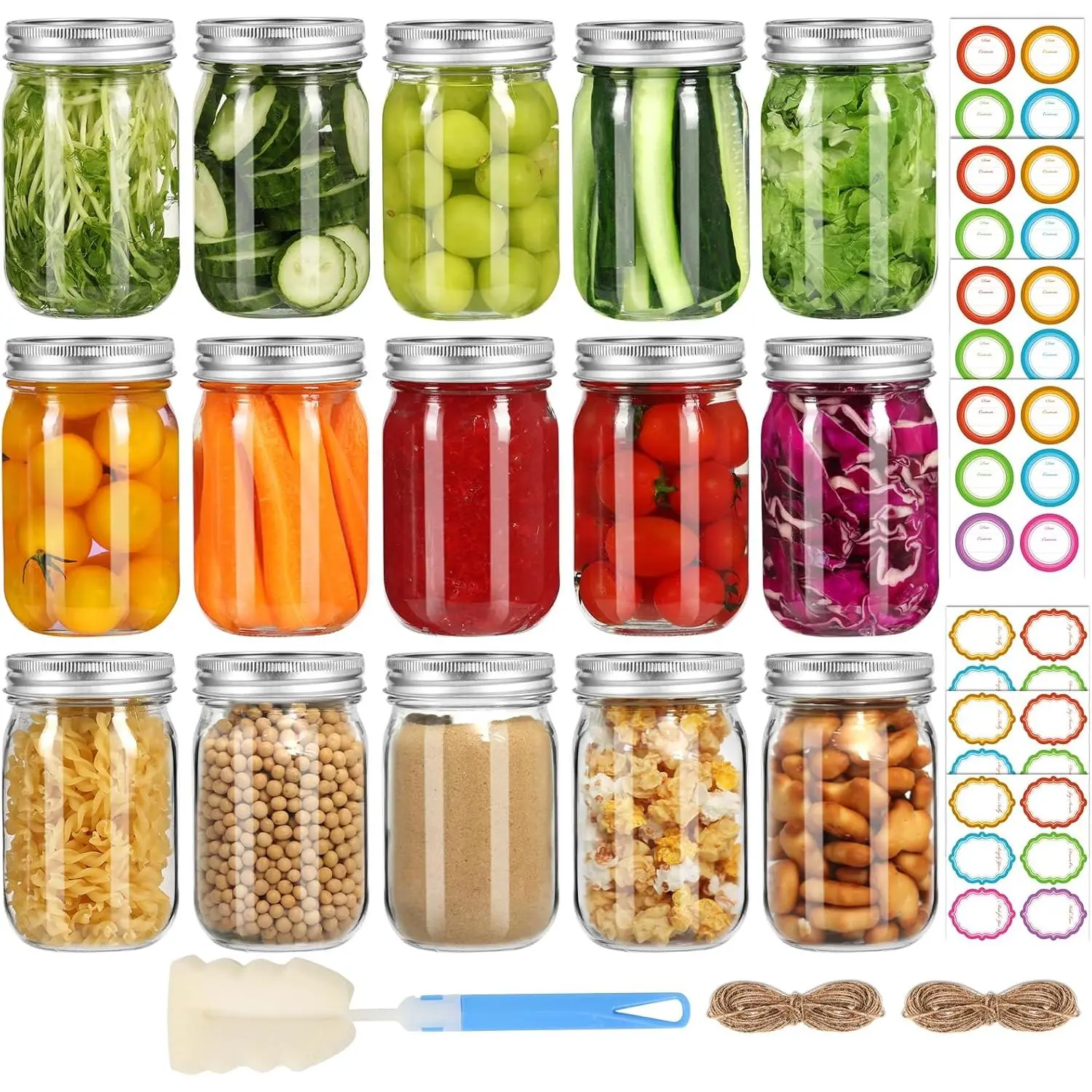 Glass Mason Jars 16 oz with Airtight Lids and Bands - 15 Pack Regular Mouth Pint Canning Jars for Pickling, Meal Prep, Overnight Oats, Dry Food & DIY Crafts - Includes 24 Stickers & Brush