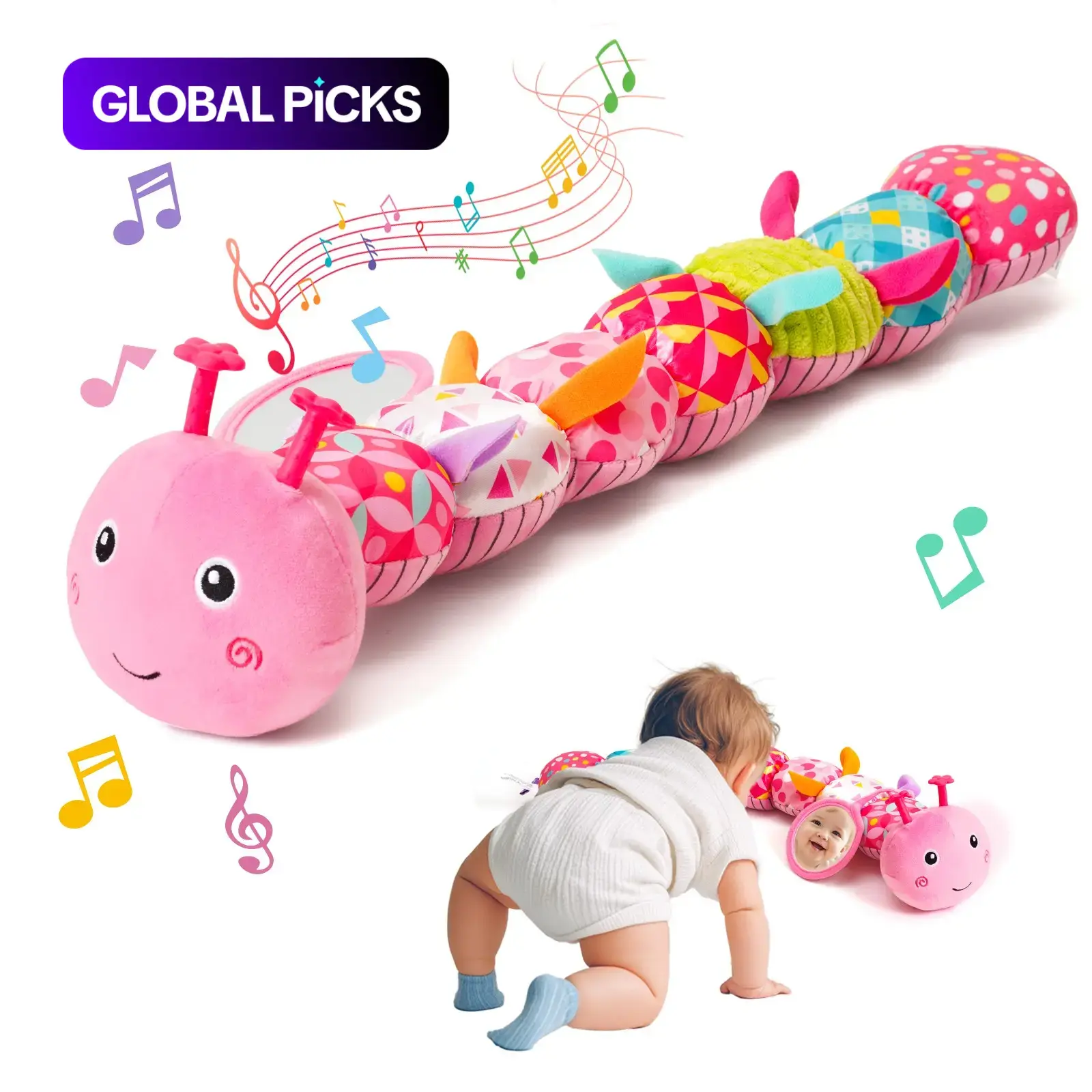Baby Girl Musical Animal Stuffed Caterpillar Toy, Cute Sensory Tummy Time Toy with Mirror, Crinkle, Rattle and Maracas, Ideal for Infants 0–12 Months, Newborn Baby Shower and Birthday Gift