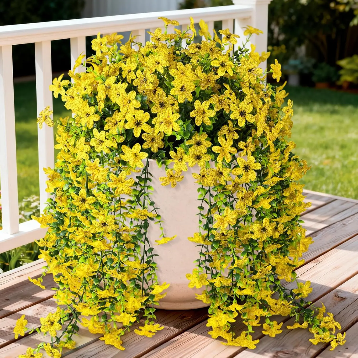 Artificial Fake Hanging Flowers Plants for Outdoor Spring Summer Decoration,2 PCS Faux Silk Daisy with Eucalyptus Leaves,UV Resistant Look Real for Outside Home Planter Porch Patio Balcony Yard Decor